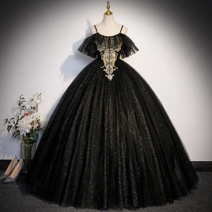 Bling Bling Noire Paillettes Robe De Bal 2023 Robe Boule Bretelles Spaghetti Manches Courtes Dos Nu Longue Promo Robe De Ceremonie