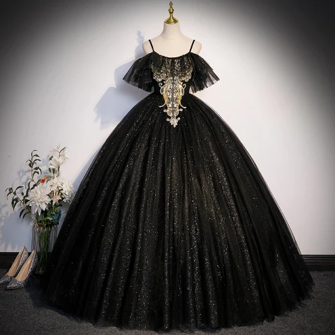 Bling Bling Black Sequins Prom Dresses 2023 Ball Gown Spaghetti Straps Short Sleeve Backless Floor-Length / Long Prom Formal Dresses