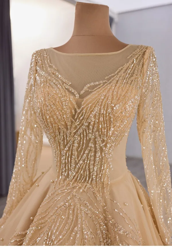 Luxus / Herrlich High End Gold Handgefertigt Perlenstickerei Perle Pailletten Multifarben Feder Ballkleider 2025 Ballkleid Rundhalsausschnitt Lange Ärmel Kapelle-Schleppe Ball