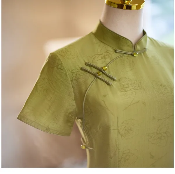 Chinese style Clover Green Summer Tea-length Cheongsam Trumpet / Mermaid 2024 High Neck Short Sleeve