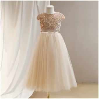 Sparkly Gold Sequins Birthday Flower Girl Dresses 2024 A Line Princess Scoop Neck Cap Sleeves Bow Sash Floor Length Long Tulle
