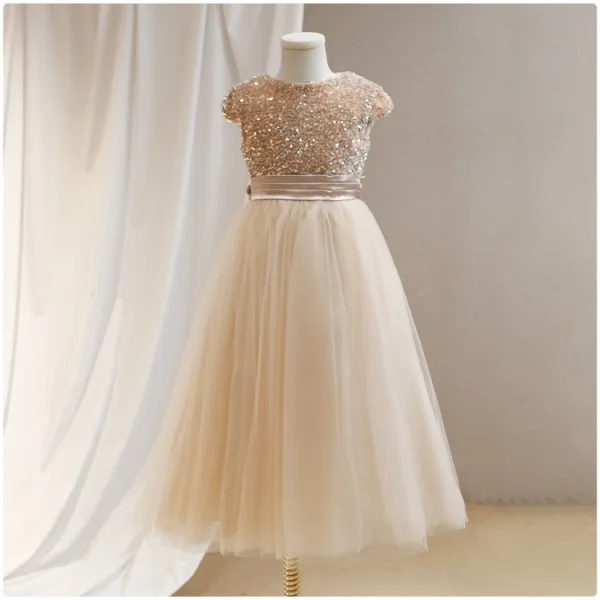 Sparkly Gold Sequins Birthday Flower Girl Dresses 2024 A-Line / Princess  Scoop Neck Cap Sleeves Bow Sash Floor-Length / Long Tulle