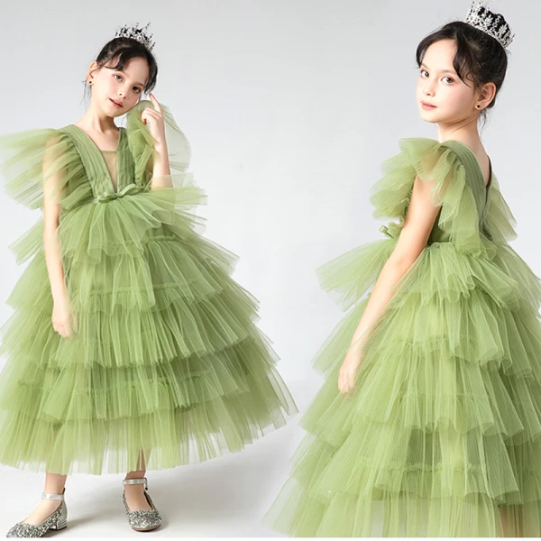 Chic / Belle Vert Cendré Volants en Cascade Anniversaire Robe Ceremonie Fille 2022 Princesse V-Cou Manches Courtes Dos Nu Longue Robe Ceremonie Fille