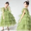 Chic / Belle Vert Cendré Volants en Cascade Anniversaire Robe Ceremonie Fille 2022 Princesse V-Cou Manches Courtes Dos Nu Longue Robe Ceremonie Fille