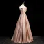 Elegant Khaki Ruffle Satin Prom Dresses 2023 A-Line / Princess Off-The-Shoulder Short Sleeve Backless Floor-Length / Long Prom Formal Dresses