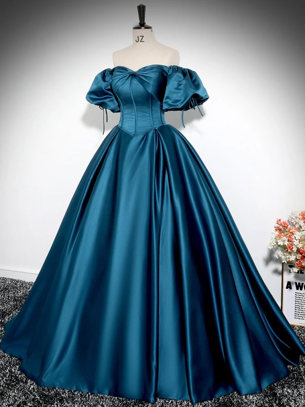 Vintage / Retro Ink Blue Satin Prom Dresses 2024 Ball Gown Off-The-Shoulder Puffy Short Sleeve Backless Floor-Length / Long Prom Formal Dresses