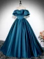 Vintage / Retro Ink Blue Satin Prom Dresses 2024 Ball Gown Off-The-Shoulder Puffy Short Sleeve Backless Floor-Length / Long Prom Formal Dresses