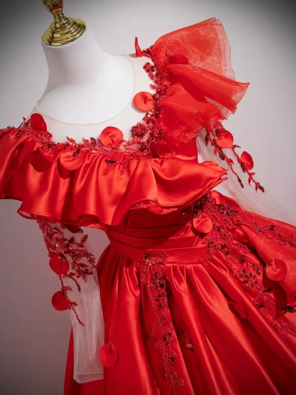 Vintage / Retro Red Beading Sequins Appliques Prom Dresses 2025 Ball Gown Scoop Neck Long Sleeve Backless Floor-Length / Long Formal Dresses