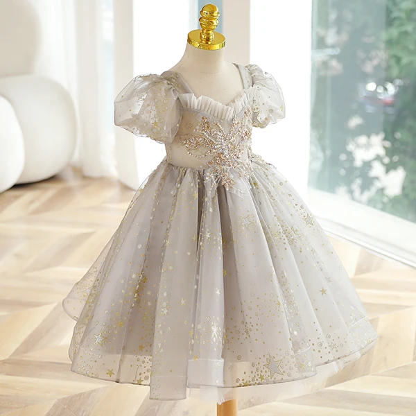 Chic / Beautiful Grey Star Sequins Short Flower Girl Dresses 2023 Square Neckline Short Sleeve Backless Prom Flower Girl Dresses