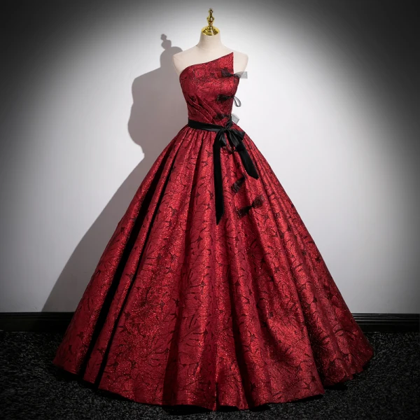 Vintage / Retro Glitter Burgundy Prom Dresses 2023 Ball Gown Strapless Sleeveless Backless Bow Sash Floor-Length / Long Prom Formal Dresses