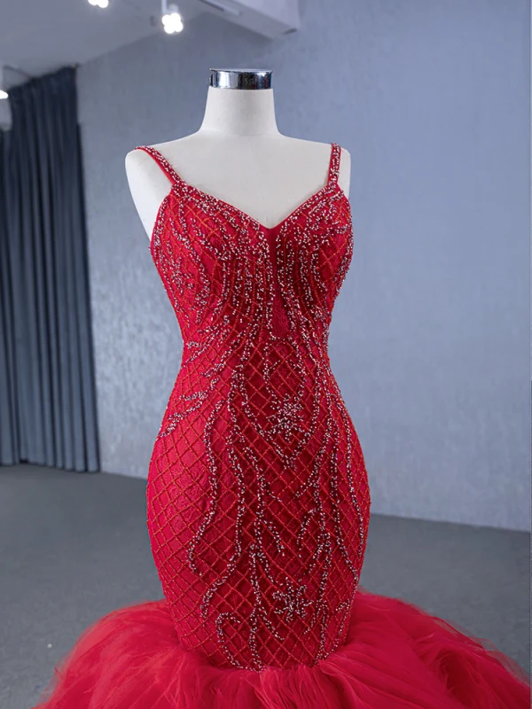 Haut de Gamme Rouge Fait main Perlage Paillettes Robe De Soirée 2024 Trompette / Sirène Bretelles Spaghetti Sans Manches Dos Nu Longue Soirée Robe De Ceremonie