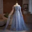 Bling Bling Sky Blue Beading Sequins Prom Dresses 2025 A-Line / Princess Off-The-Shoulder Short Sleeve Backless Floor-Length / Long Prom Formal Dresses