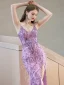 Sexy Lilas Perlage Faux Diamant Paillettes Gland Robe De Soirée 2023 Trompette / Sirène Bretelles Spaghetti Sans Manches Dos Nu Longue Soirée Fendue devant