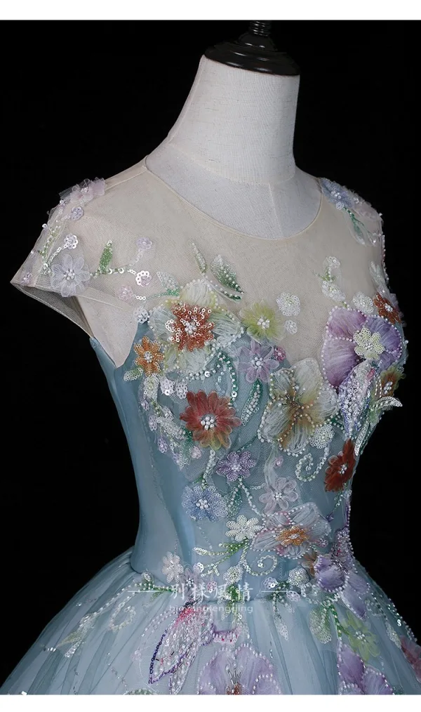 Vintage Himmelblau Perlenstickerei Spitze Blumen Pailletten Ballkleider 2026 Ballkleid Rundhalsausschnitt Ärmel Rückenfreies