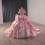 High-end Blushing Pink Handmade  Beading Pearl Rhinestone Lace Flower Appliques Prom Dresses 2025 Ball Gown Off-The-Shoulder Short Sleeve Backless