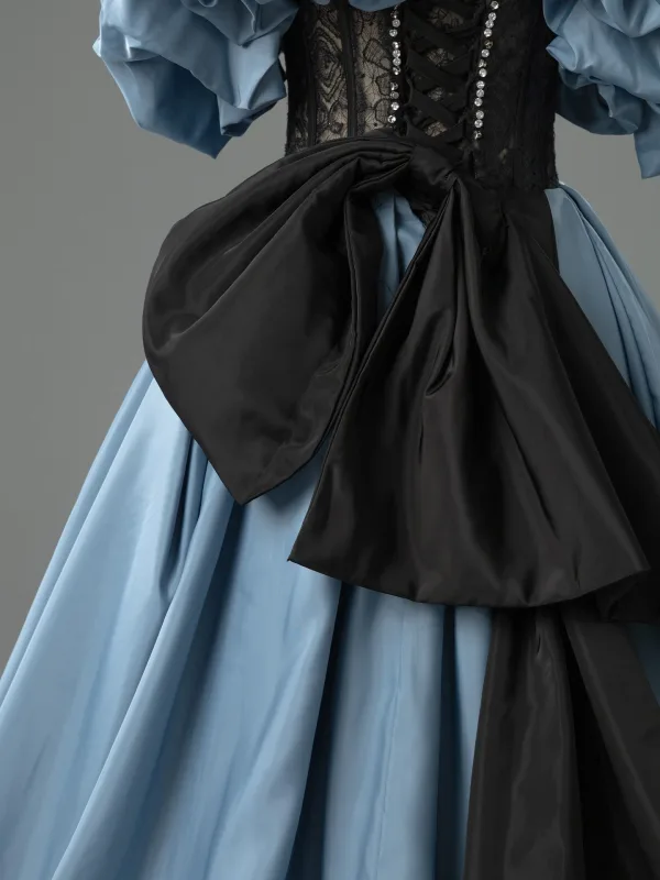 Elegant Havblåt Med Blonder Blomsten Rhinestone Gallakjoler 2026 Balkjole Off-The-Shoulder Kort Ærme Halterneck Sløjfe Lange Kjoler