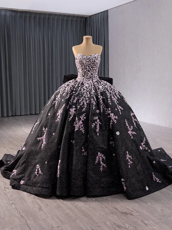 Vintage / Retro High-end Black Handmade  Beading Prom Dresses 2024 Ball Gown Off-The-Shoulder Short Sleeve Backless Bow Court Train Prom Formal Dresses
