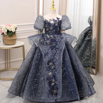 Vintage Originale Bleu Marine Faux Diamant Paillettes En Dentelle Fleur Anniversaire Robe Ceremonie Fille 2024 Robe Boule Encolure Dégagée Manches Courtes Dos Nu Noeud Longue