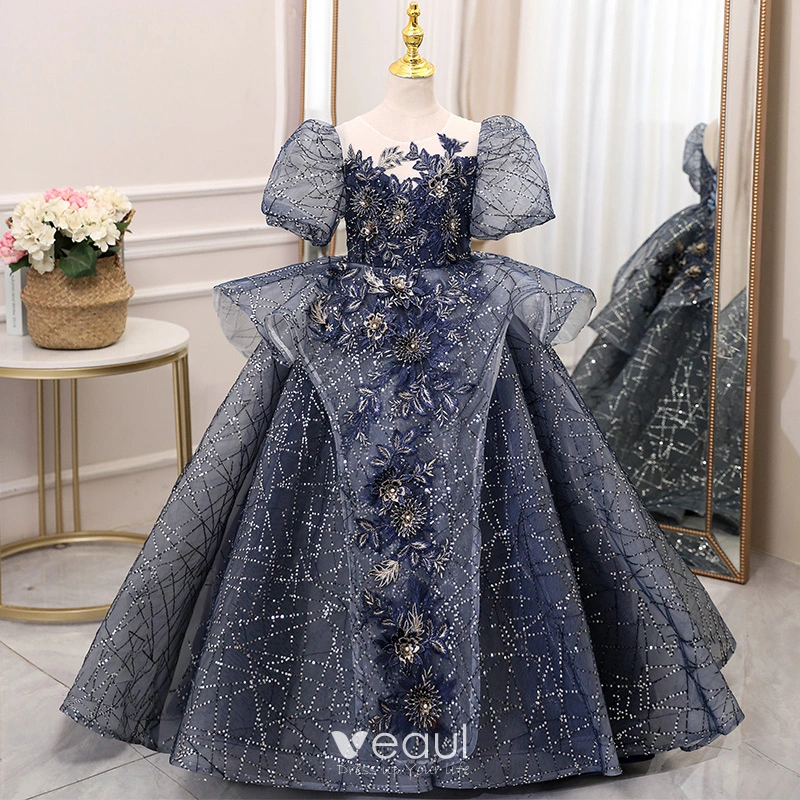 Vintage Retro Navy Blue Rhinestone Sequins Lace Flower Birthday Flower Girl Dresses 2024