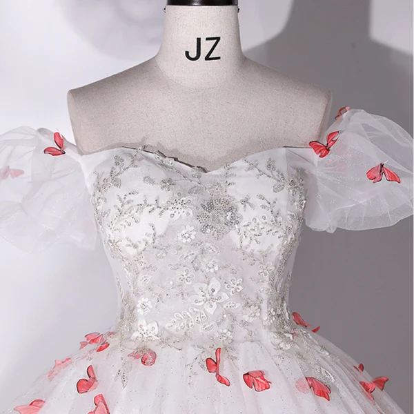 Chic / Beautiful White Prom Dresses 2022 Ball Gown Off-The-Shoulder Butterfly Appliques Sequins Lace Flower Short Sleeve Backless Floor-Length / Long Formal Dresses