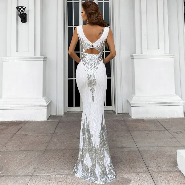 Charmant Noire Faux Diamant Paillettes Transparentes Robe De Soirée 2022 Trompette / Sirène V-Cou Sans Manches Dos Nu Longue Soirée Robe De Ceremonie