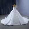 Luxury / Gorgeous White Beading Appliques Sequins Wedding Dresses 2023 Ball Gown Off-The-Shoulder Long Sleeve Backless Chapel Train Wedding