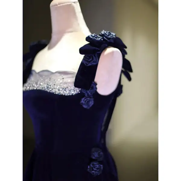 Elegant Navy Blue Suede Evening Dresses 2022 A-Line / Princess Spaghetti Straps Sleeveless Backless Bow Floor-Length / Long Evening Party Formal Dresses
