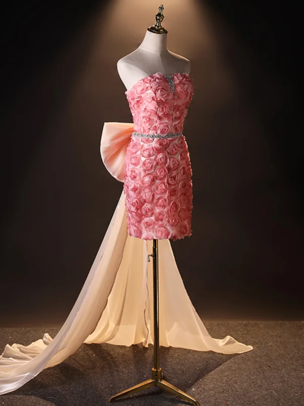 Sexy Rougissant Rose Perlage Volants Fleur Robe De Soirée 2024 Trompette / Sirène Bustier Sans Manches Dos Nu Noeud Train De Balayage Soirée Robe De Ceremonie