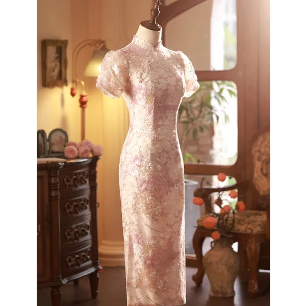 Chinese style Blushing Pink Sequins Cheongsam 2023 Trumpet / Mermaid High Neck Short Sleeve Tea-length Evening Party Cheongsam / Qipao