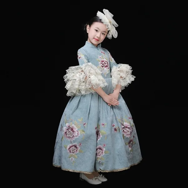 Vintage / Retro Medieval Pool Blue Flower Girl Dresses 2024 Printing Floral Floor-Length / Long 3/4 Sleeve High Neck Cosplay Wedding Prom A-Line / Princess Ball Gown Wedding Party Dresses
