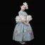 Vintage / Retro Medieval Pool Blue Flower Girl Dresses 2024 Printing Floral Floor-Length / Long 3/4 Sleeve High Neck Cosplay Wedding Prom A-Line / Princess Ball Gown Wedding Party Dresses