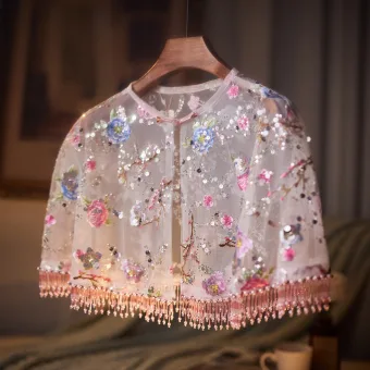 Fint Multi Färger Handgjort Spets Blomma Beading Tassel Paljetter Sjal Sjalar 2025