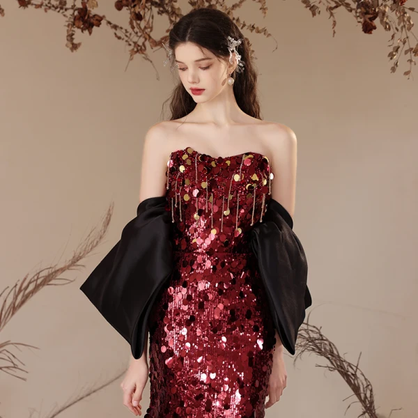 Charming Burgundy Sequins Evening Dresses 2024 Trumpet / Mermaid Strapless Short Sleeve Backless Floor-Length / Long Evening Party Formal Dresses