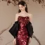 Charming Burgundy Sequins Evening Dresses 2024 Trumpet / Mermaid Strapless Short Sleeve Backless Floor-Length / Long Evening Party Formal Dresses