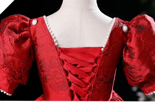 Chic / Belle Rouge Impression Anniversaire Robe Ceremonie Fille 2024 Princesse Encolure Dégagée Gonflée Perle Manches Courtes Longue