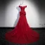 Vintage / Retro Burgundy Satin Evening Dresses 2023 Trumpet / Mermaid Off-The-Shoulder Short Sleeve Backless Bow Sweep Train Evening Party Formal Dresses