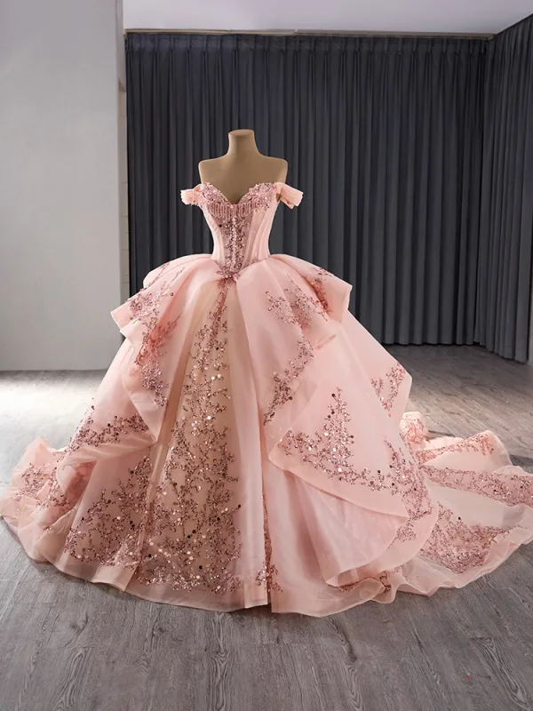 Luxury / Gorgeous Blushing Pink Beading Sequins Cascading Ruffles Prom Dresses Ball Gown 2024 Off-The-Shoulder Sleeveless Backless Chapel Train Prom Formal Dresses