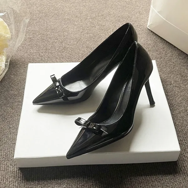 Fashion Black Office OL Bow Pumps 2026 10 cm Stiletto Heels Pointed Toe Pumps