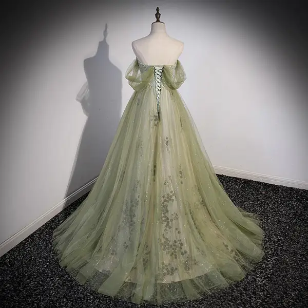 Charming Sage Green Beading Pearl Sequins Prom Dresses 2022 A-Line / Princess Off-The-Shoulder Short Sleeve Backless Prom Floor-Length / Long Formal Dresses