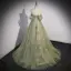 Charming Sage Green Beading Pearl Sequins Prom Dresses 2022 A-Line / Princess Off-The-Shoulder Short Sleeve Backless Prom Floor-Length / Long Formal Dresses