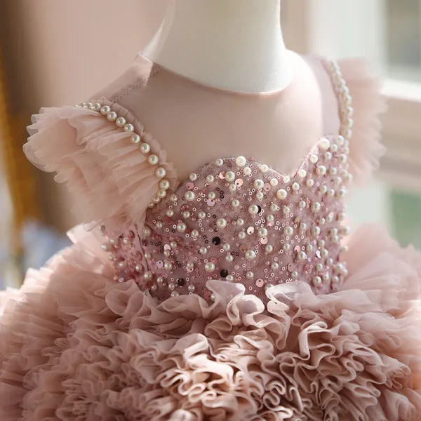 Schöne Rosa Perlenstickerei Perle Pailletten Plissee Kurze Geburtstag Blumenmädchenkleider 2025 Ballkleid Rundhalsausschnitt Ärmellos