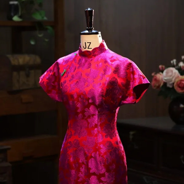 Chinese style Fuchsia Printing Tea-length Silk Evening Party Cheongsam 2026 Trumpet / Mermaid High Neck Short Sleeve
