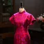 Chinese style Fuchsia Printing Tea-length Silk Evening Party Cheongsam 2026 Trumpet / Mermaid High Neck Short Sleeve