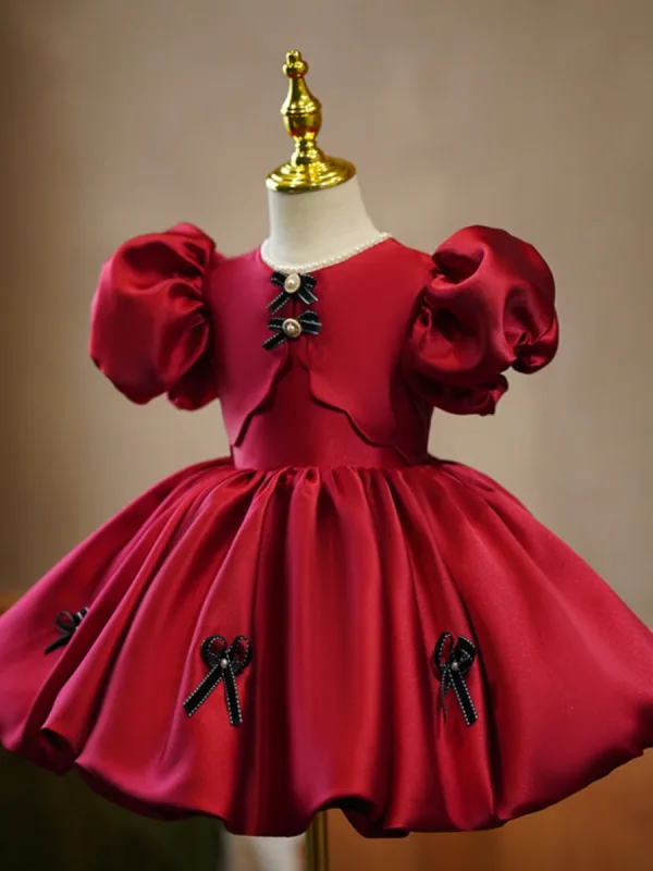 Chic / Beautiful Burgundy Satin Bow Short Birthday Flower Girl Dresses 2023 Ball Gown Scoop Neck Puffy Short Sleeve