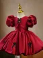 Chic / Beautiful Burgundy Satin Bow Short Birthday Flower Girl Dresses 2023 Ball Gown Scoop Neck Puffy Short Sleeve