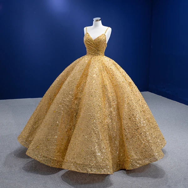 High-end Gold Handmade  Beading Pearl Sequins Prom Dresses 2022 Ball Gown Spaghetti Straps Sleeveless Backless Floor-Length / Long Prom Formal Dresses