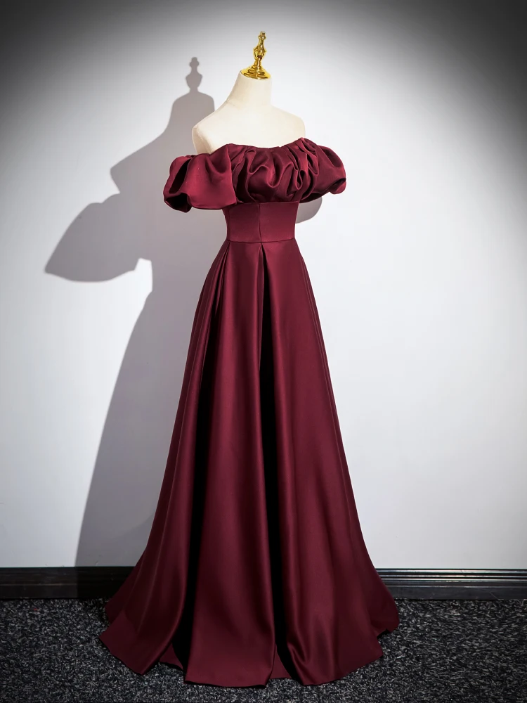 Solid Color Burgundy Satin Prom Dresses 2024 A-Line Princess Off-The-Shoulder Crossed Solid Color Burgundy Satin Prom Dresses 2024 A-Line Princess Off-The-Shoulder Crossed