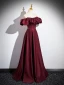 Solid Color Burgundy Satin Prom Dresses 2024 A-Line / Princess Off-The-Shoulder Crossed Straps Bridesmaid Short Sleeve Minimalist Formal Dresses