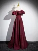 Solid Color Burgundy Satin Prom Dresses 2024 A-Line / Princess Off-The-Shoulder Crossed Straps Bridesmaid Short Sleeve Minimalist Formal Dresses