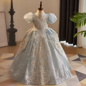 Charming Sparkly Sky Blue Beading Pearl Sequins Flower Girl Dresses 2024 Ball Gown High Neck Short Sleeve Backless Floor Length Long Birthday